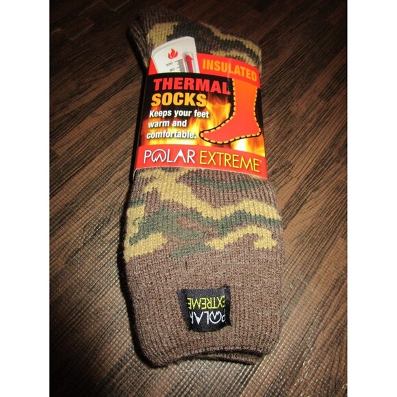 1 Pair Large Polar Extreme Insulated Thermal Socks Mens Made USA 10-13 Gree Camo - Picture 1 of 6